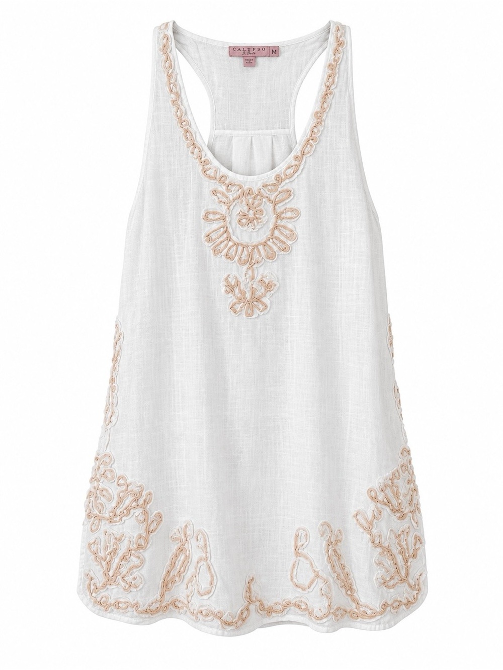 Calypso St. Barth White Linen Embroidered Racerback Dress Tunic Size M